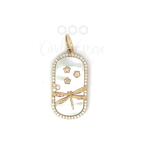 White Mother of Pearl Dog Tag Pendant with Dragonfly