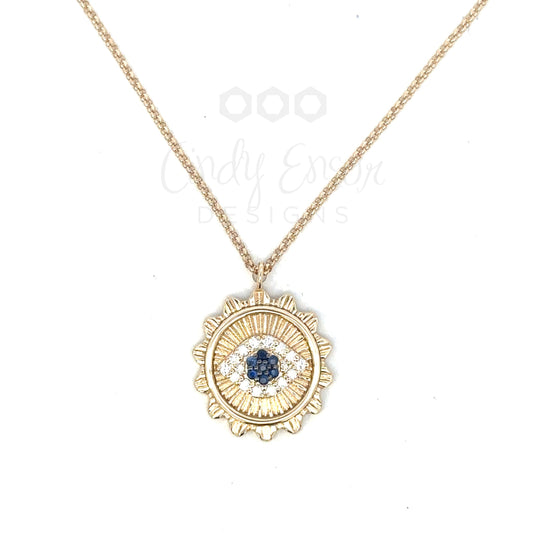 Pave Diamond and Sapphire Evil Eye Disc Necklace