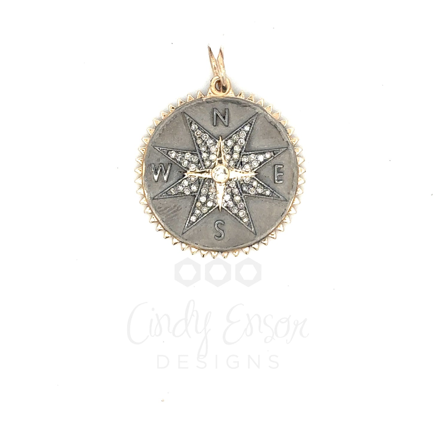 Mixed Metal Compass Pendant with Pave Accents