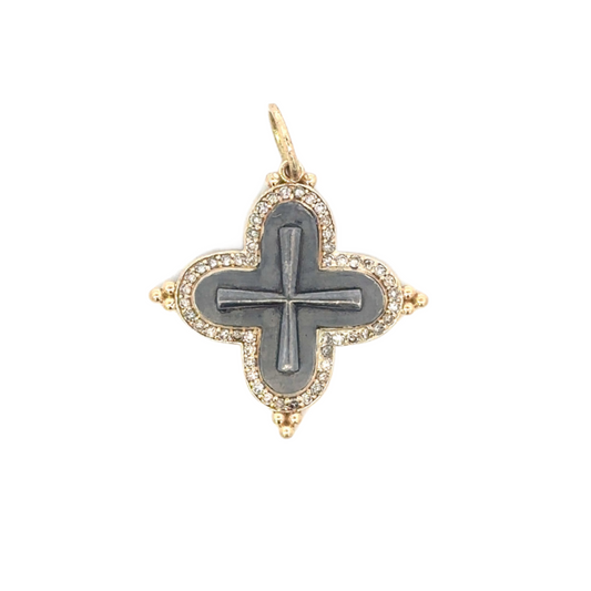 Mixed Metal Brushed Cross Pendant with Diamond Border