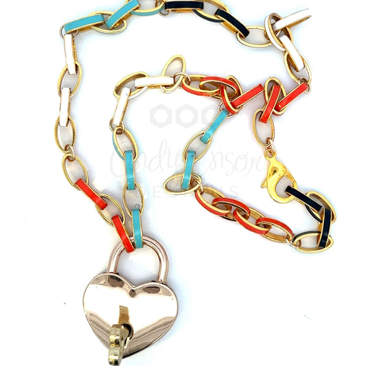 Vermeil Multi Color Enamel Link Necklace with Heart Padlock and Key