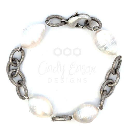 Sterling Silver and White Pearl Chain Bracelet