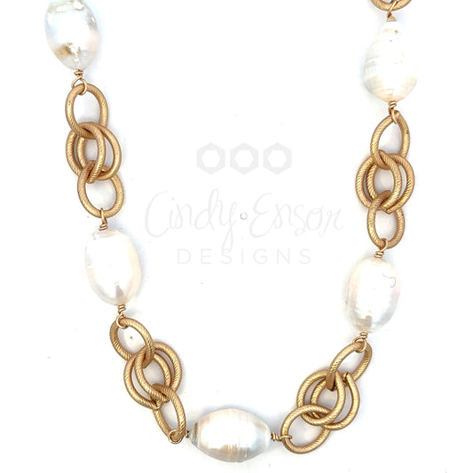Gold Tone Thick Chain Necklace with White Pearl Accents