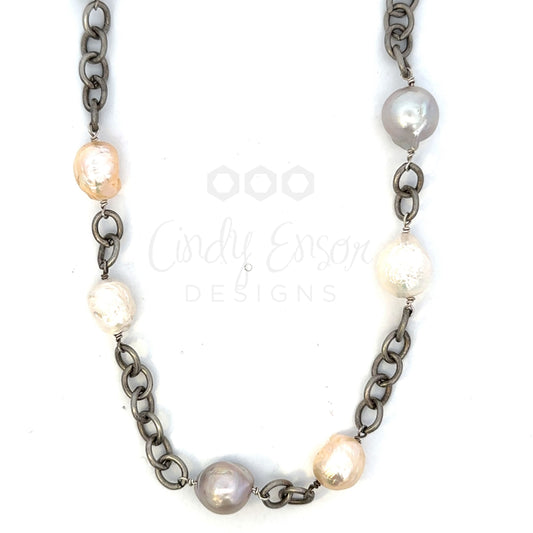 Sterling Silver and Multi Color Pearl Link Necklace