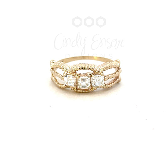Antique Triple Row Textured Ring with 3 Emerald Cut Diamonds