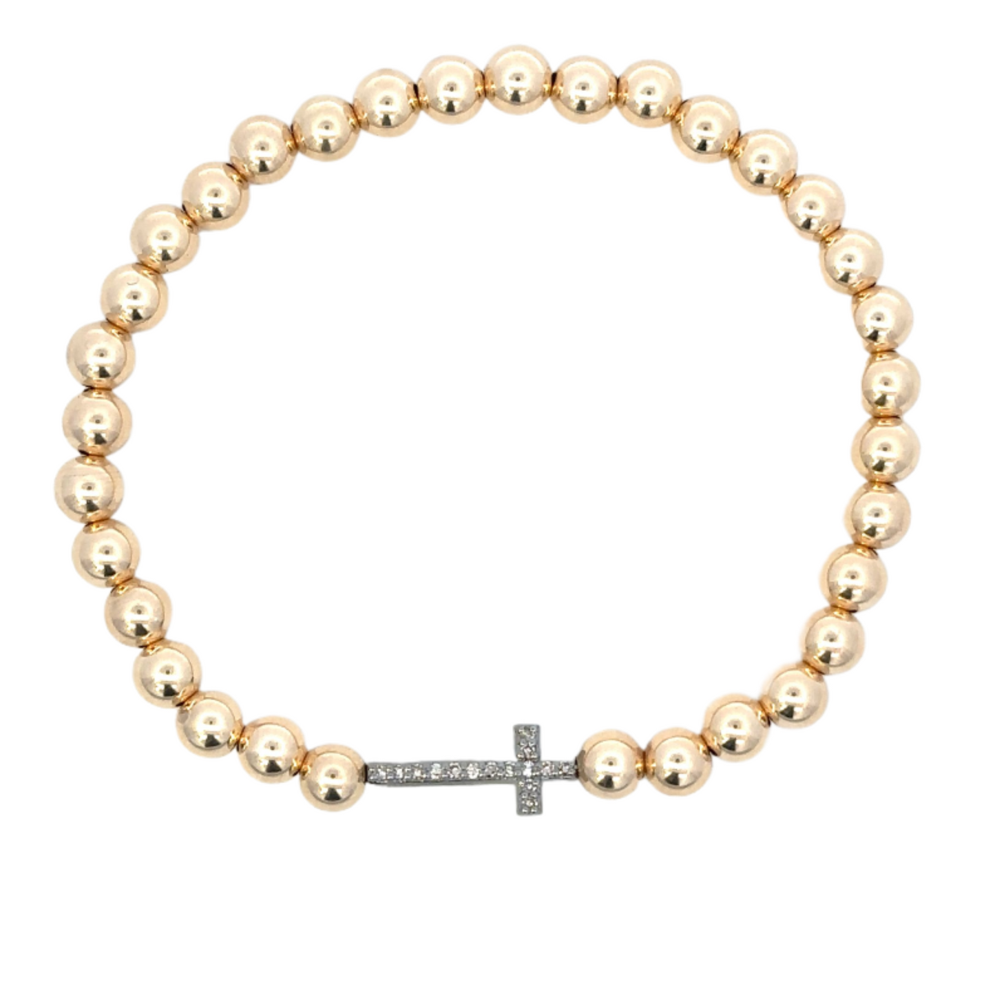 Gold Filled Bead Bracelet with Sterling Pave Sideways Cross