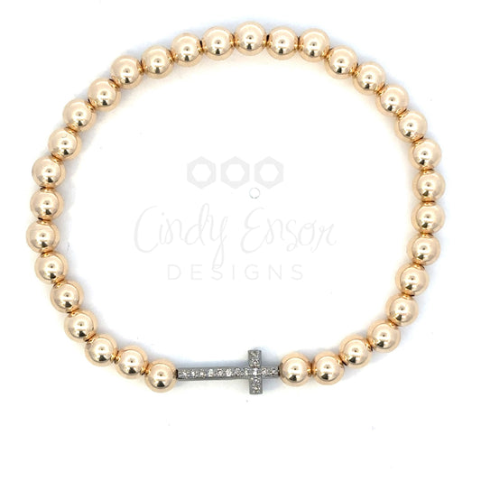 5mm Yellow Gold Filled Bead Bracelet with Sterling Pave Sideways Cross