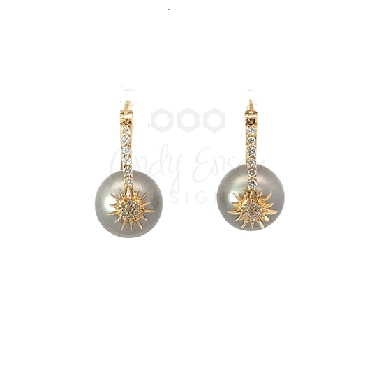 Yellow Gold Pave Latch Back Earrings with Sunburst Accent