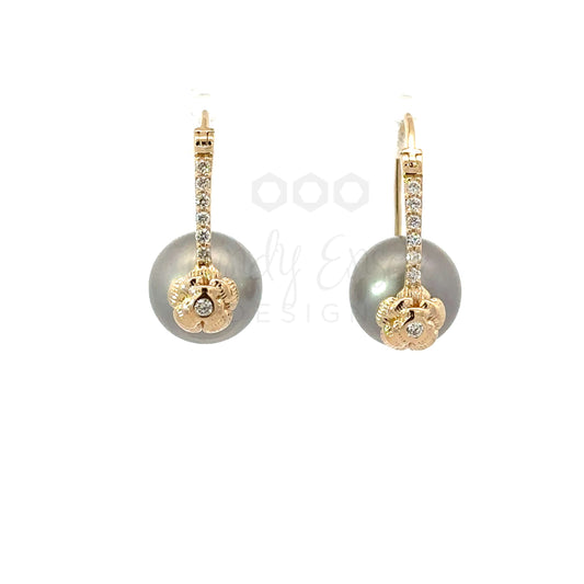 Yellow Gold Pave Latch Back Pearl Earrings with Rose Accent