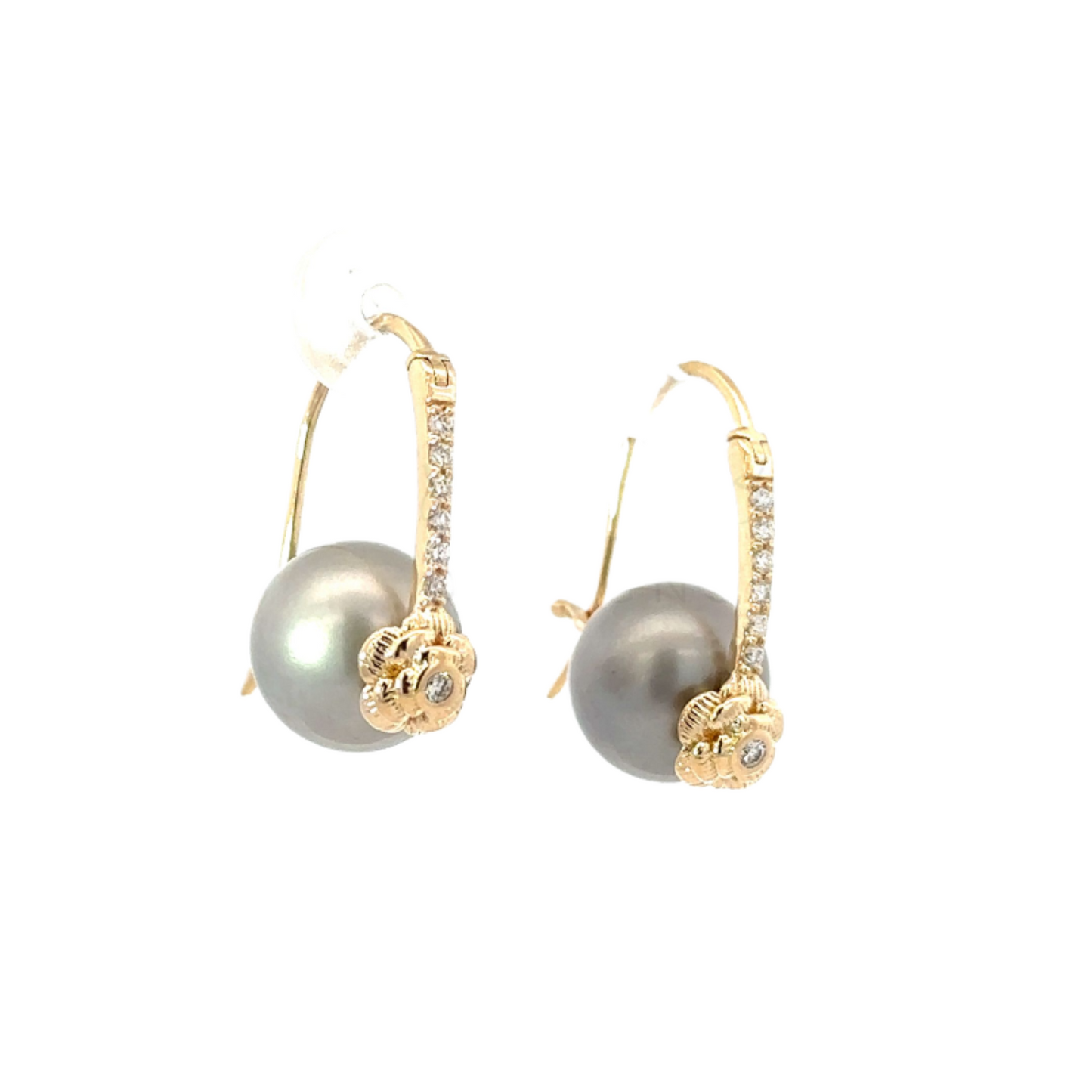 Yellow Gold Pave Latch Back Pearl Earrings with Rose Accent