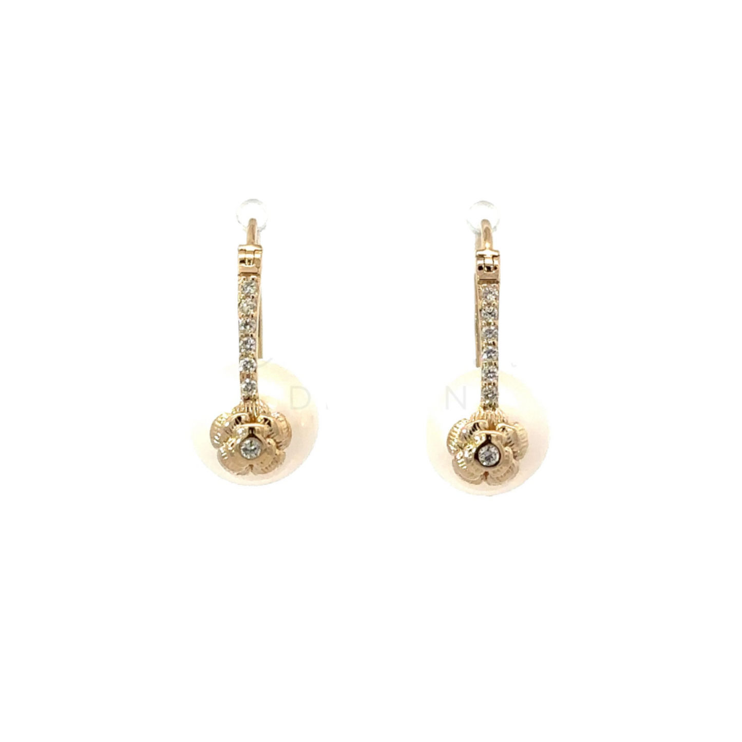 Yellow Gold Pave Latch Back Pearl Earrings with Rose Accent