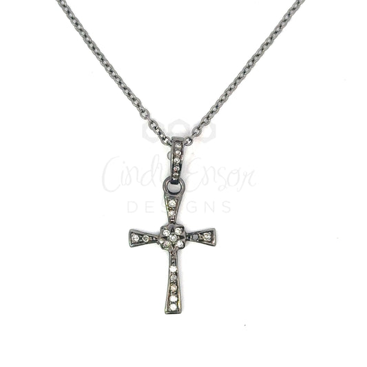 Sterling Necklace and Pave Cross Pendant with Diamond Cluster Center