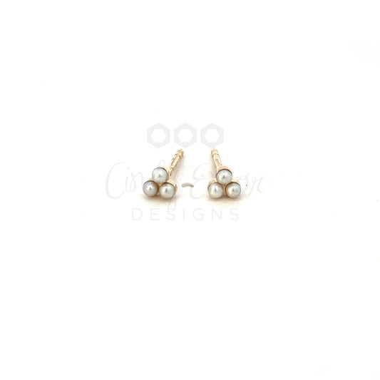 14K Yellow Gold 2mm Freshwater Pearl Trio Cluster Earrings