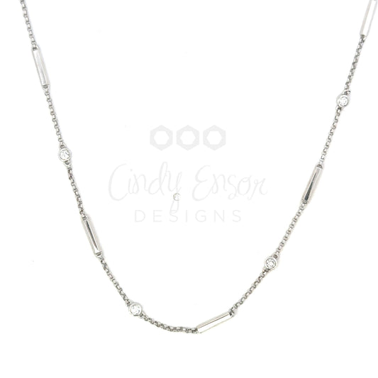 White Gold Thin Bar and Chain Bezeled Diamond Necklace