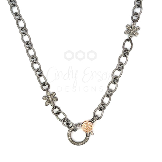 Short Oval Link Sterling Chain Accented by Two Sterling Pave Flowers and Two Tone Rose Gold Pave Lobster