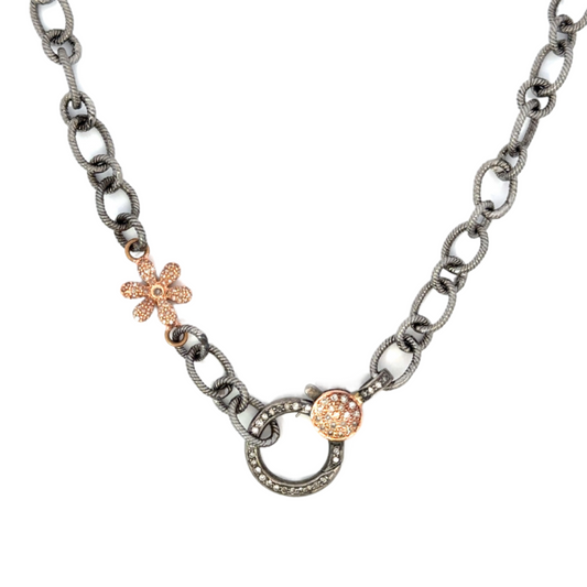 Oval Link Sterling Chain Accented by One Rose Gold Pave Flower and Two Toned Pave Lobster