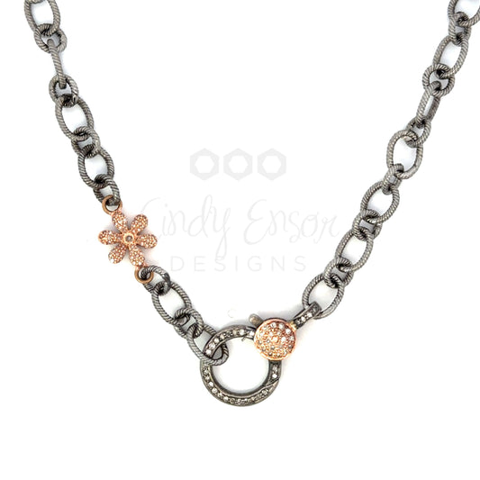 Short Oval Link Sterling Chain Accented by One Rose Gold Pave Flower and Two Toned Pave Lobster