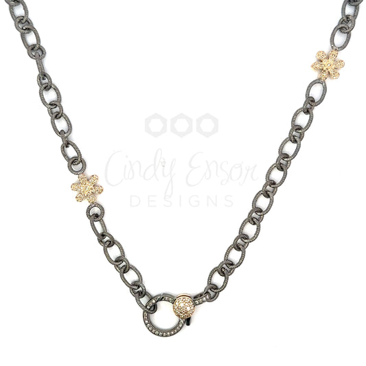 Short Oval Link Sterling Chain Accented By Two Yellow Gold Pave Flowers and Two Tone Lobster