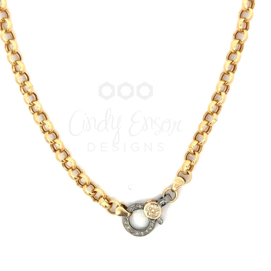 Yellow Gold Rolo Chain Necklace with Small Mixed Metal Pave Lobster