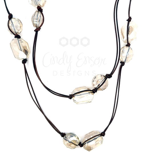 Crystal and Leather Hand Knotted Long Necklace