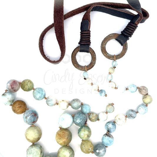Aquamarine Beaded Necklace with Leather Strap