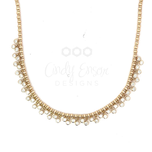 Yellow Gold Alternating Bead Chain Necklace with Multi Bezeled Diamond Drops
