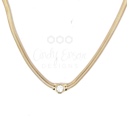 Yellow Gold Snake Chain Necklace with Solitaire Diamond