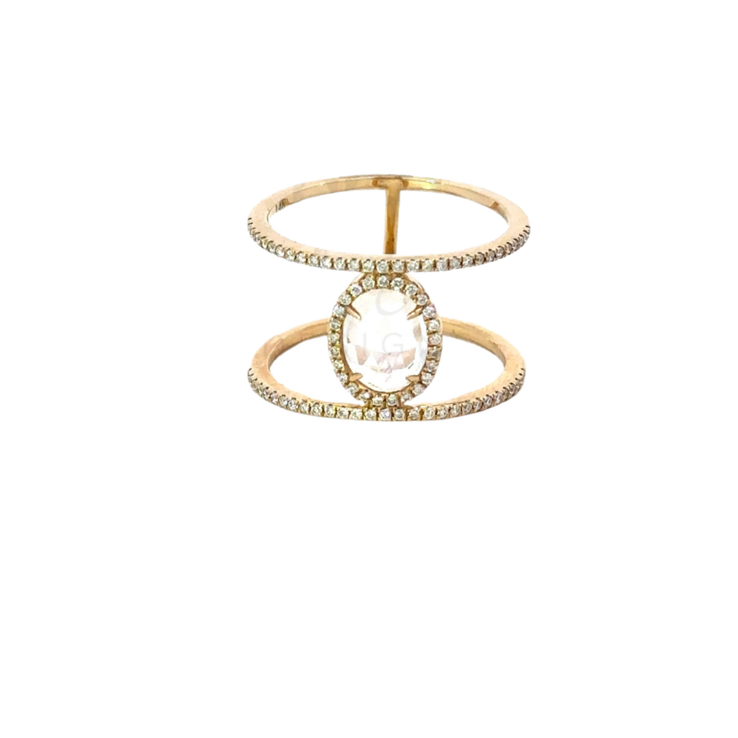 Yellow Gold Double Band Moonstone Ring with Pave Accents