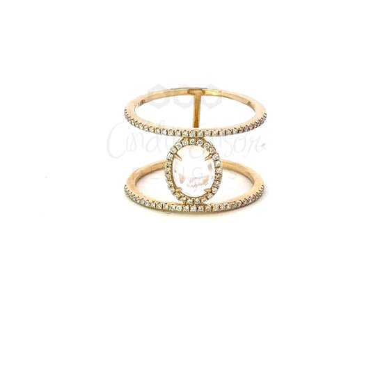 Yellow Gold Double Band Moonstone Ring with Pave Accents