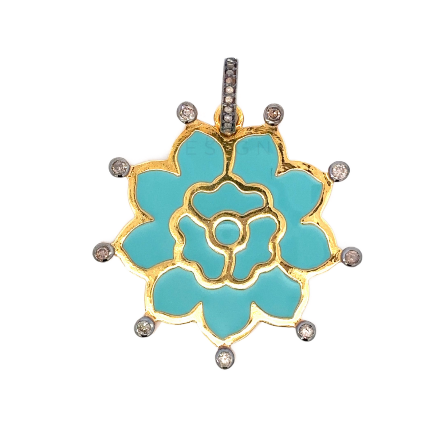 Two Tone Vermeil Enamel 10 Petal Flower Pendant with Diamond Accents