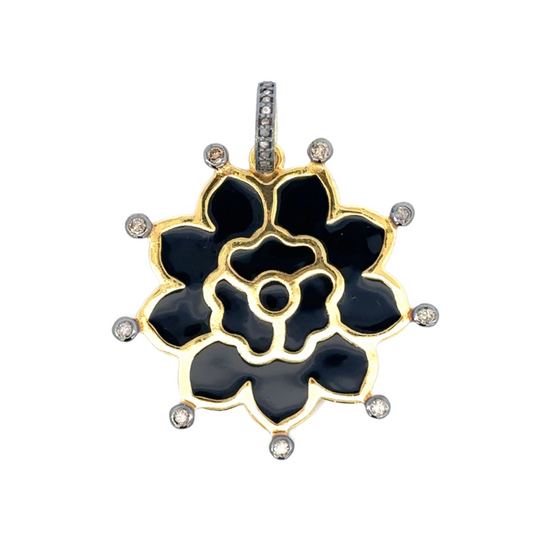 Two Tone Vermeil Enamel 10 Petal Flower Pendant with Diamond Accents