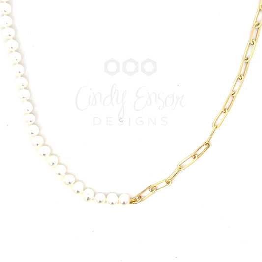 Yellow Gold Paper Clip and Pearl Half & Half Necklace