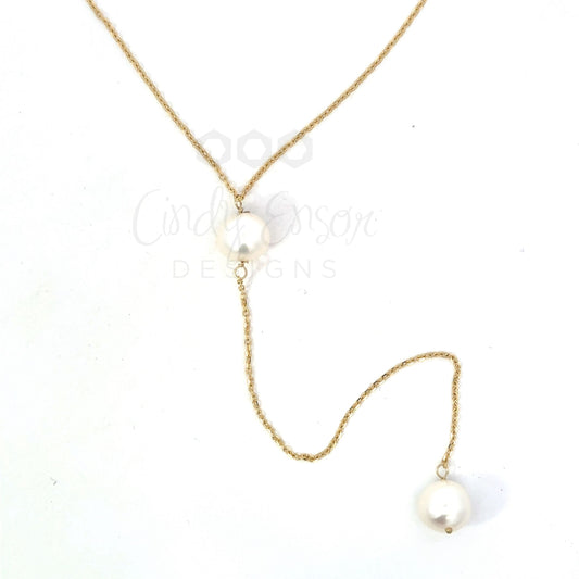 Yellow Gold Double Pearl Y Drop Necklace