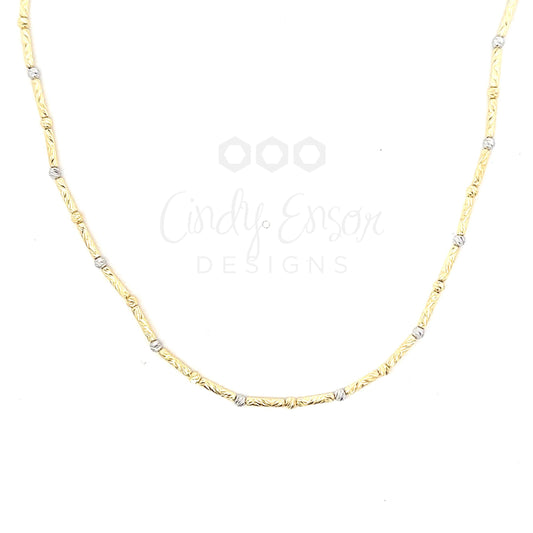 Yellow and White Gold Sparkly Bar and Bead Chain Necklace