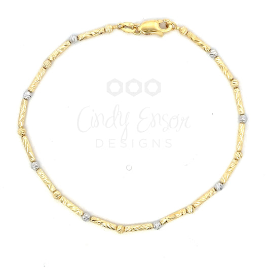 Yellow and White Gold Sparkly Bar and Bead Chain Bracelet