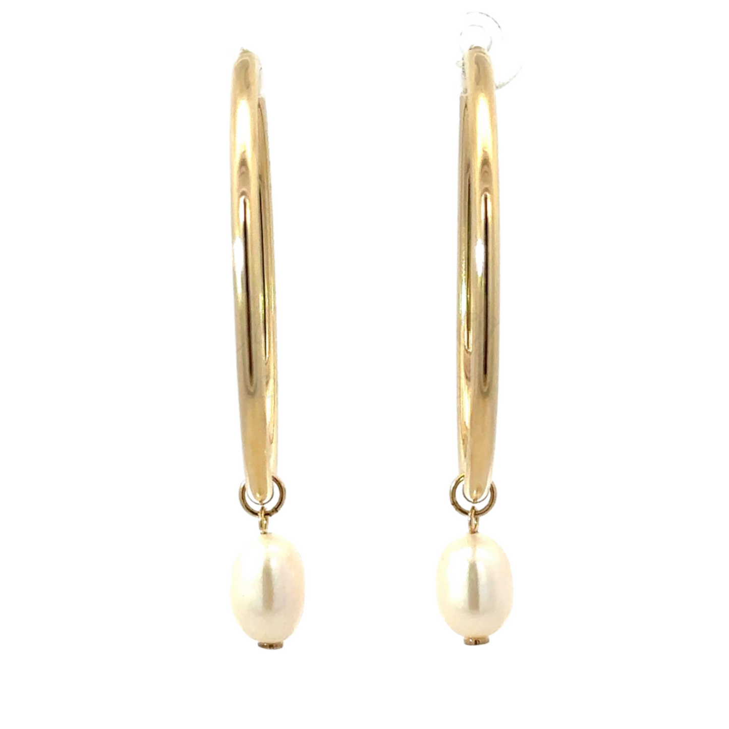 Yellow Gold Oval Continuous Hoop Earring with Pearl Drop