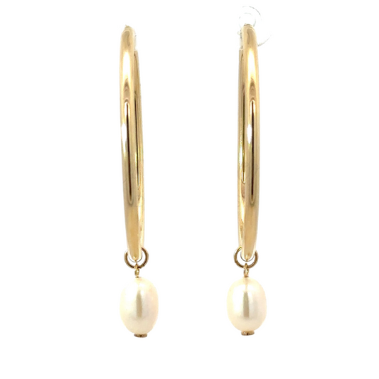 Yellow Gold Oval Continuous Hoop Earring with Pearl Drop
