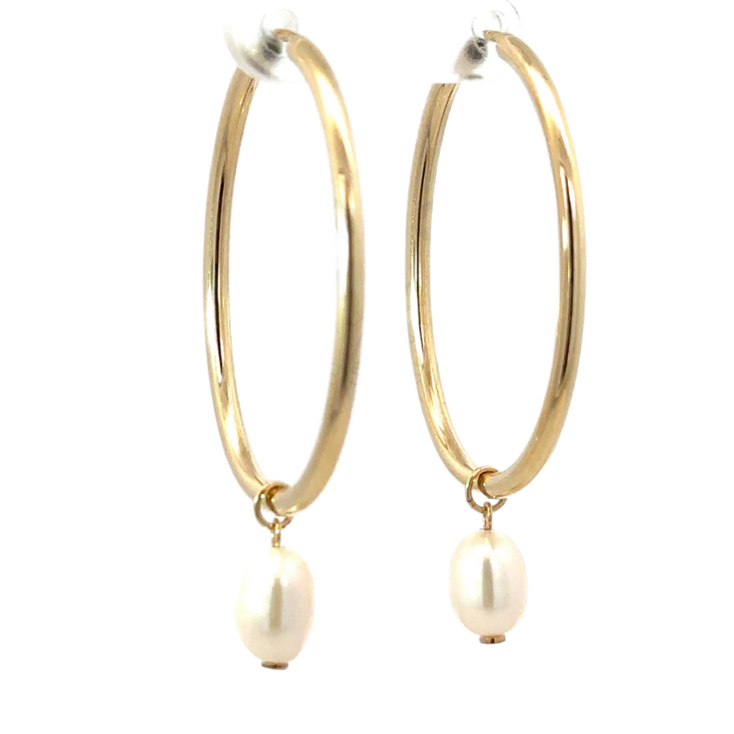 Yellow Gold Oval Continuous Hoop Earring with Pearl Drop