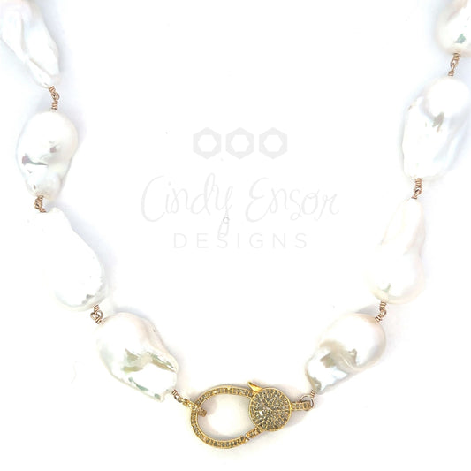 Wire Wrapped White Baroque Pearl Necklace with Vermeil Diamond Lobster