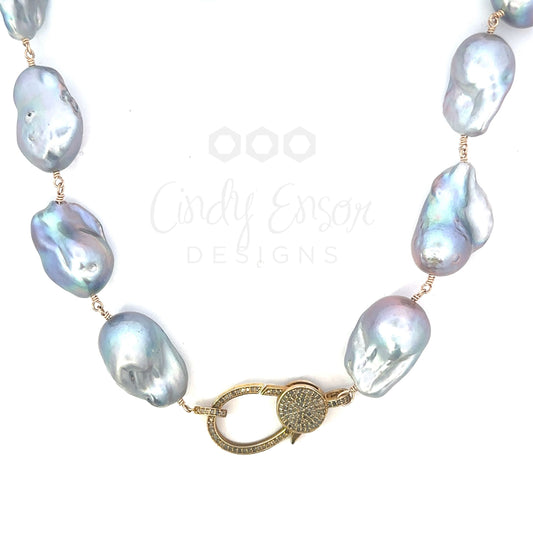 Wire Wrapped Gray Baroque Pearl Necklace with Vermeil Diamond Lobster