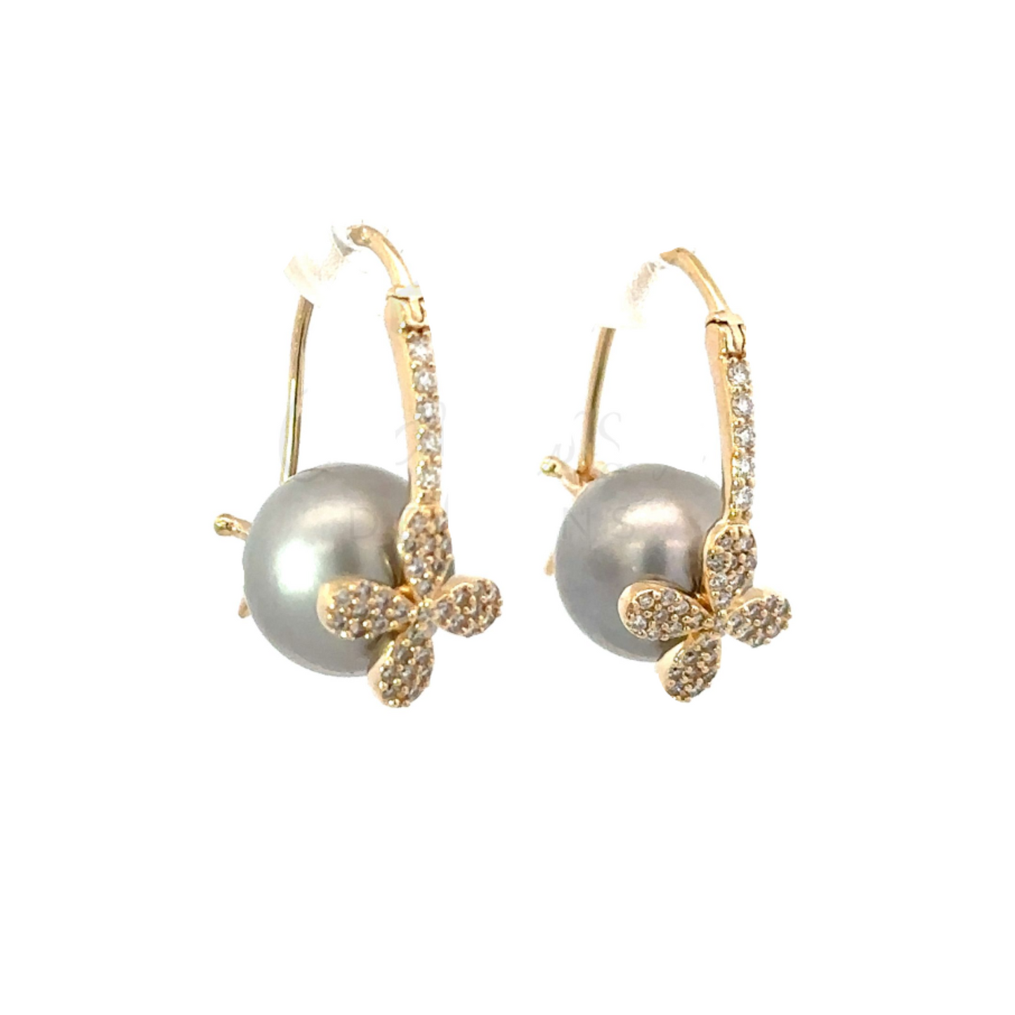 Yellow Gold Pave Latch Back Pearl Earrings with Flower Accent