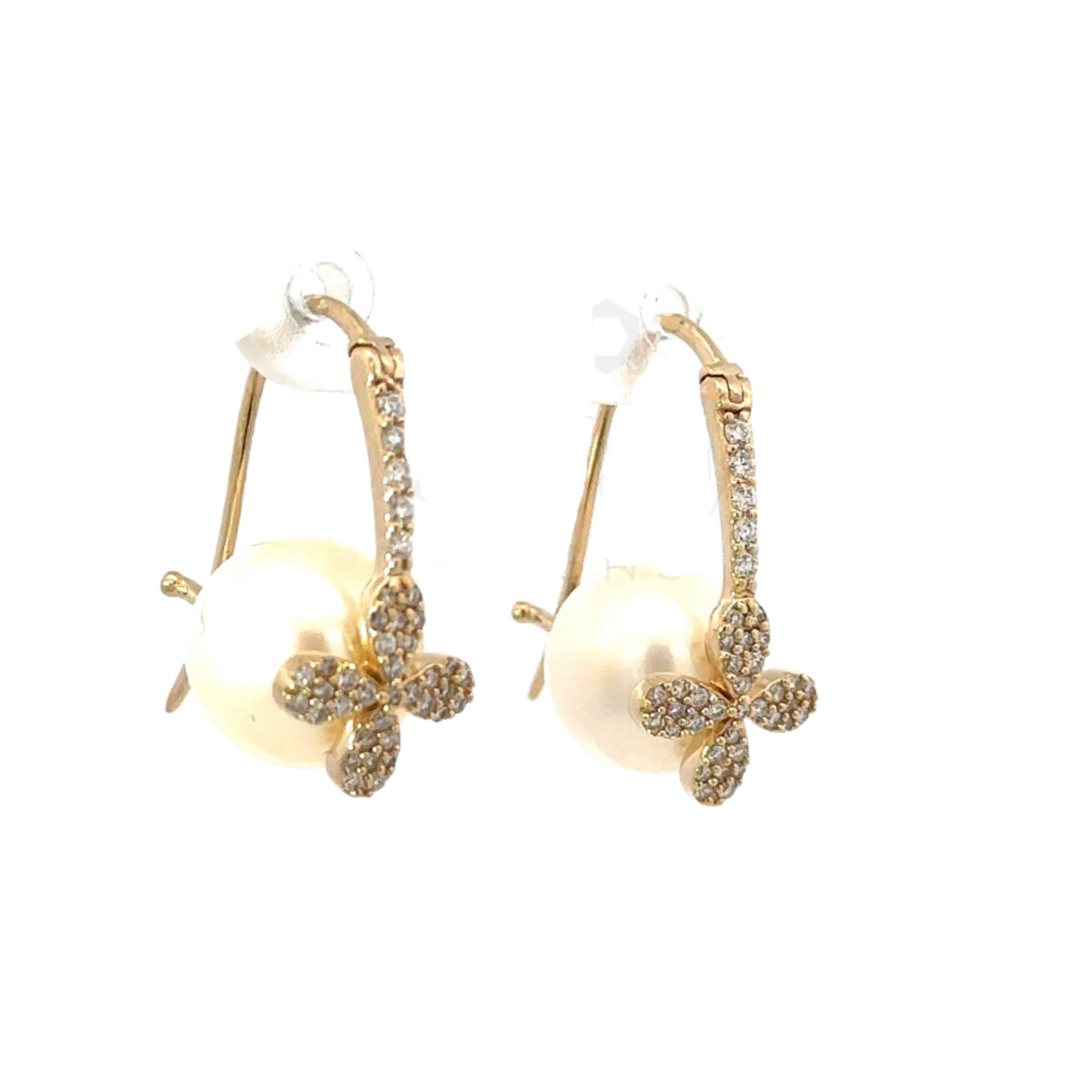 Yellow Gold Pave Latch Back Pearl Earrings with Flower Accent