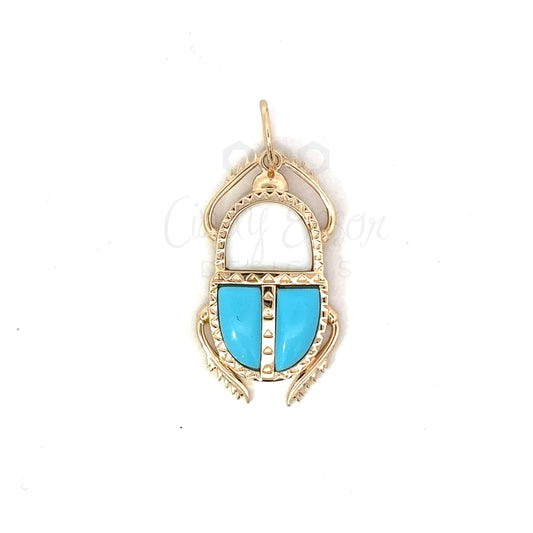 Yellow Gold Turquoise and WMOP Scarab Beetle Pendant