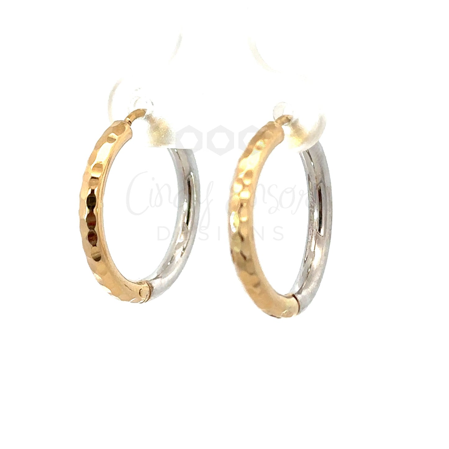 Yellow and White Gold Hammered Hoop Earring