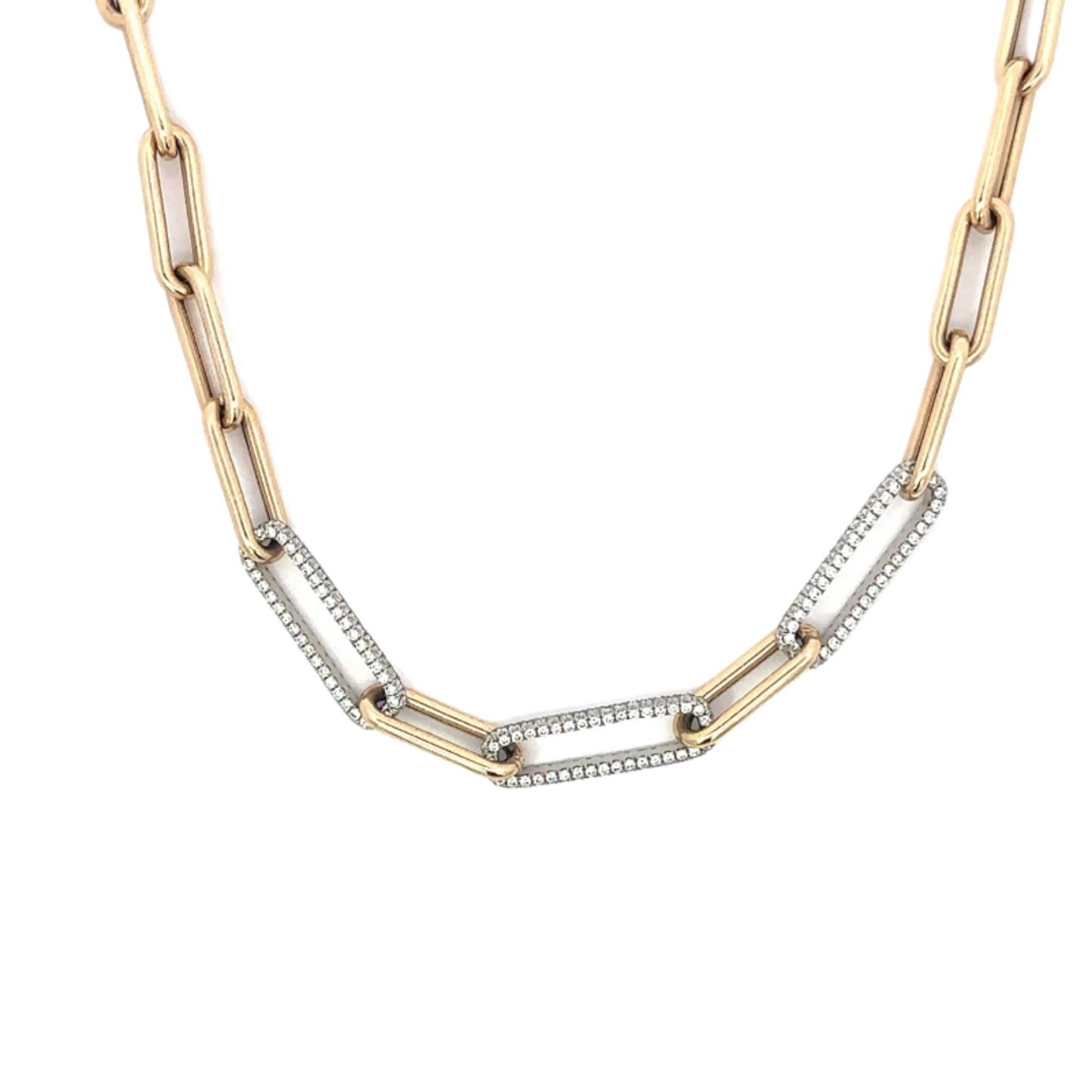 Paper Clip Necklace with 3 White Gold Pave Diamond Links