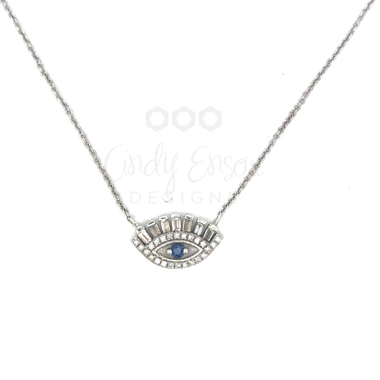 Baguette Evil Eye Necklace with Sapphire Center Stone