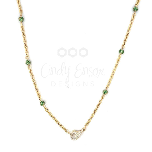 Yellow Gold Oval Link Necklace with Emerald Bead Accents and Tiny Pave Lobster