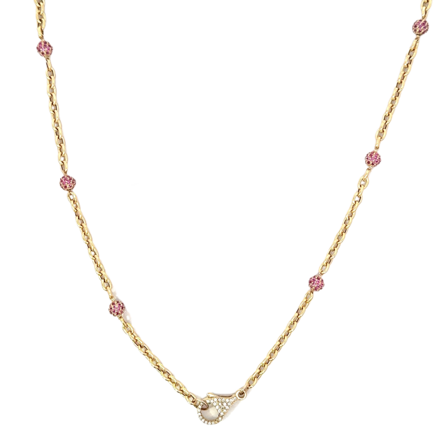 Yellow Gold Oval Link Necklace with Ruby Bead Accents and Tiny Pave Lobster