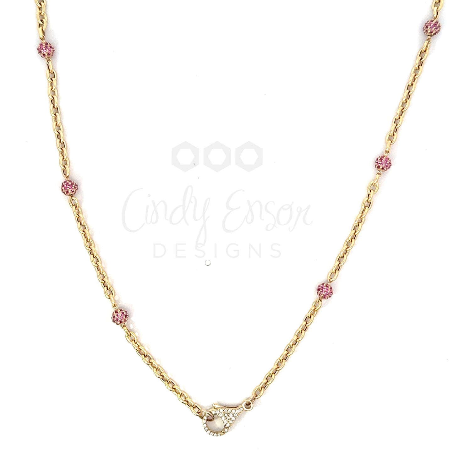 Yellow Gold Oval Link Necklace with Ruby Bead Accents and Tiny Pave Lobster