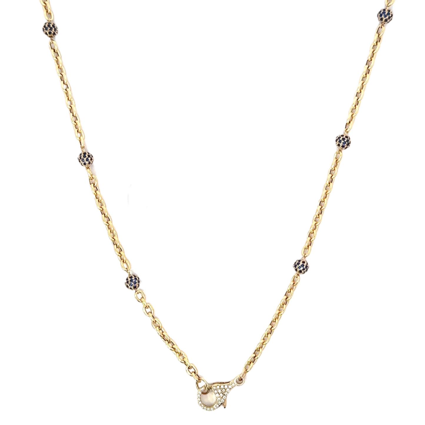 Yellow Gold Oval Link Necklace with Sapphire Bead Accents and Tiny Pave Lobster